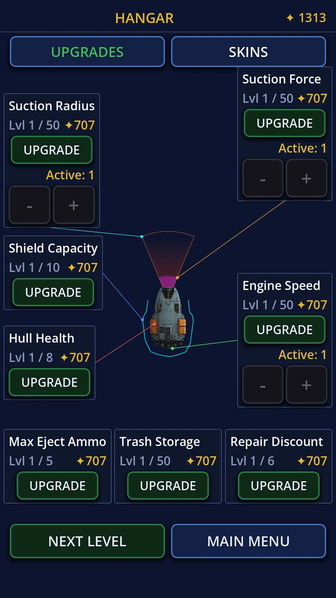 Hangar — Upgrades view